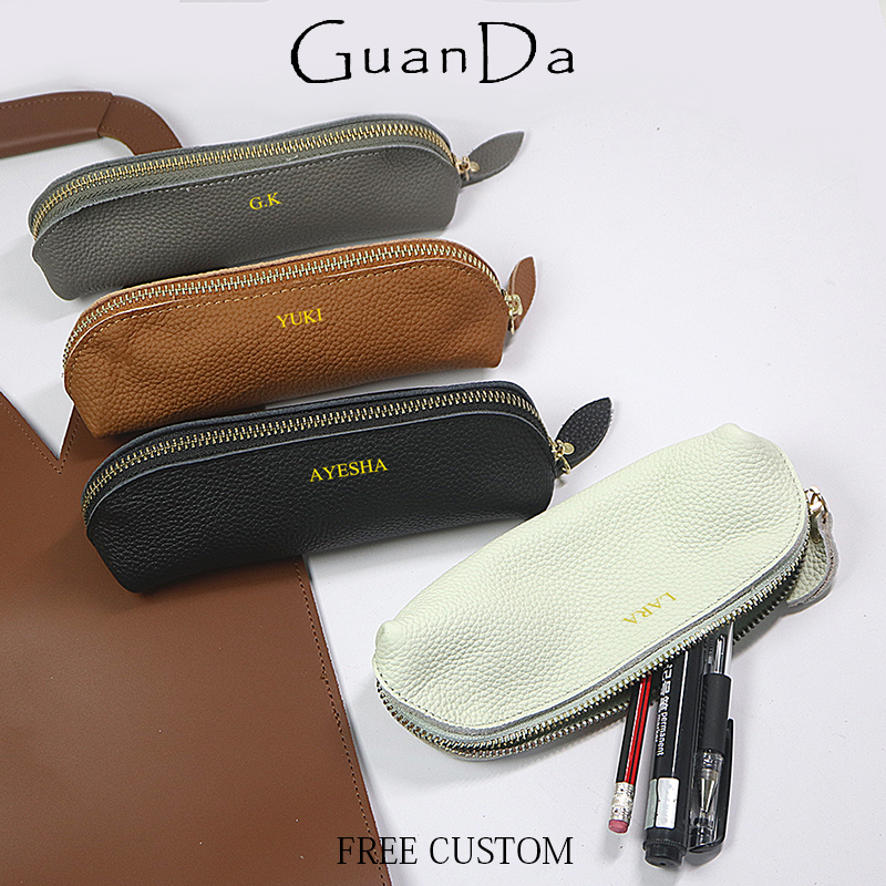 Luxury Skincare Samples - Engrave Initials Genuine Leather Pen Pouch